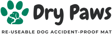 The logo for dry paws is a re - useable dog accident proof mat.