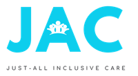 A blue logo for jac just all inclusive care
