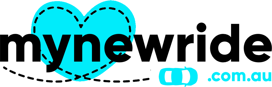 A logo for mynewride.com.au with a blue heart