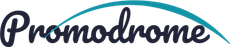 A logo for a company called promodrone with a blue curve.
