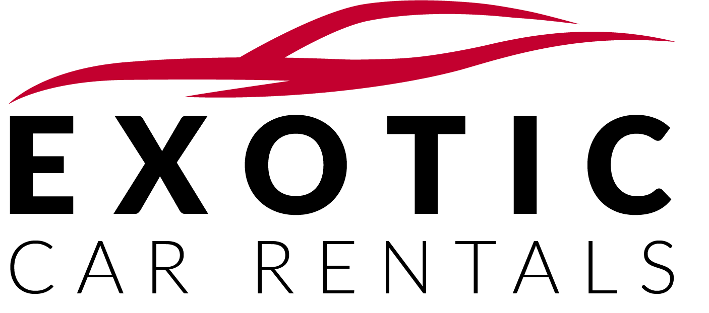 The logo for exotic car rentals has a red car on it.