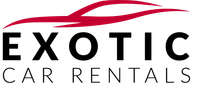 The logo for exotic car rentals has a red car on it.