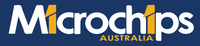 A blue and white logo for microchips australia
