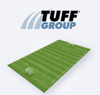 A 3d model of a soccer field with the tuff group logo above it