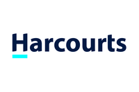 The harcourts logo is a blue and white logo on a white background.