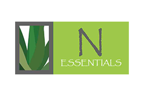 A green and white logo for n essentials