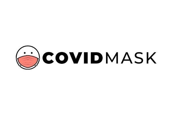 A logo for a company called covidmask with a smiley face wearing a mask.
