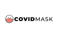 A logo for a company called covidmask with a smiley face wearing a mask.