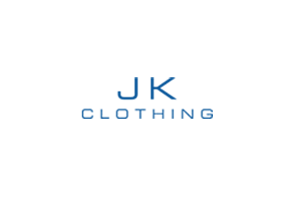 A blue logo for jk clothing on a white background