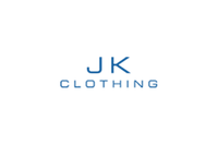 A blue logo for jk clothing on a white background