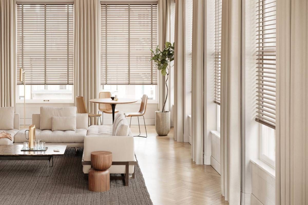 Hunter Douglas Custom Metal Blinds with custom drapery in a greatroom near Baltimore, MD
