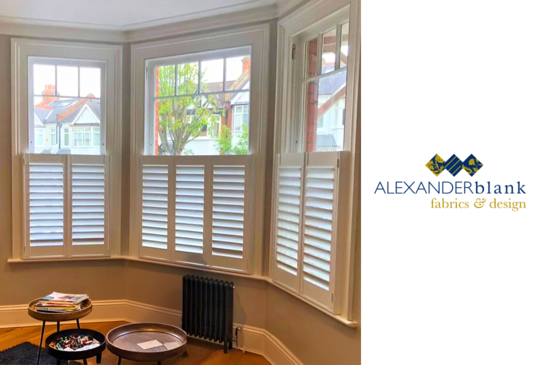 Hunter Douglas Heritance® Wood Shutters in a bay window near Lutherville, Maryland