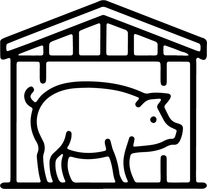 Symbol: Schwein in einem scheunenartigen Gebäude, schwarze Kontur auf weißem Hintergrund