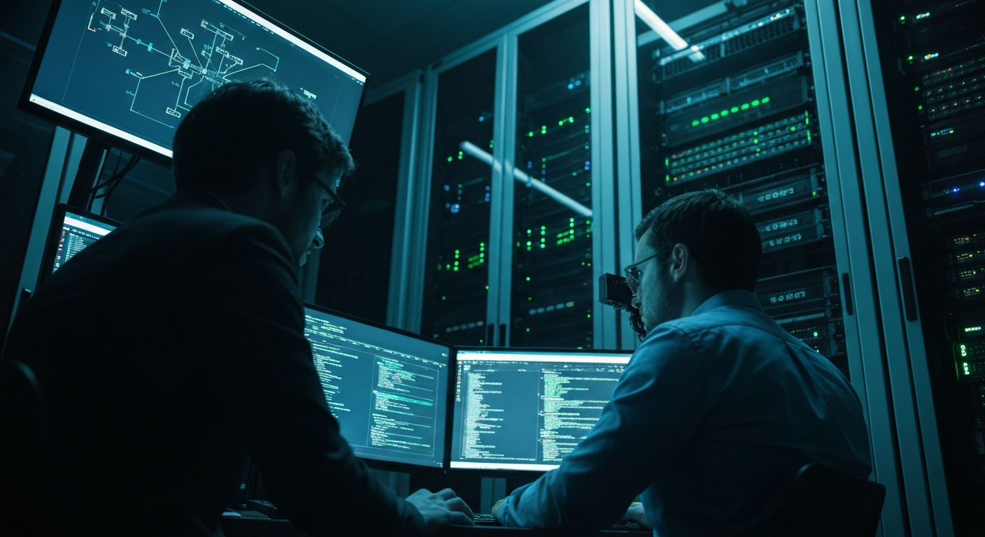 Two people monitor glowing server racks in a dark data center, surrounded by blue-lit screens.
