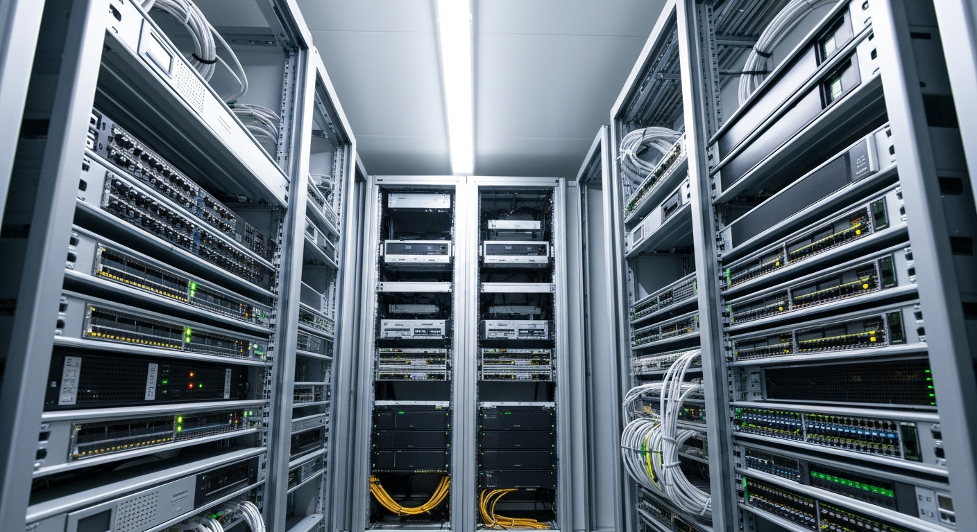 Server racks in a brightly lit data center aisle with networking cables and equipment.