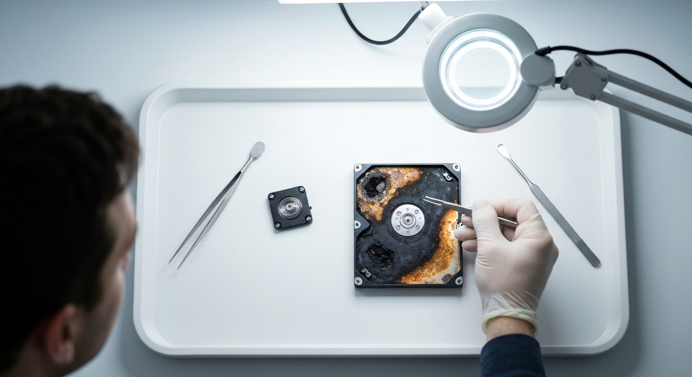 Technician examining an opened hard drive on a white workbench under a magnifying lamp
