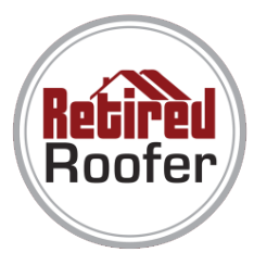 Retired Roofer logo in red and black inside a gray circular border