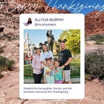 Family posing outdoors with a Thanksgiving greeting and caption about gratitude and precious memories.