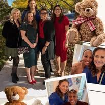 Four women posing outdoors beside a large teddy bear, with smaller photo snapshots overlaid in the corner.