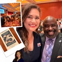 Two people smiling at a formal event, with inset photos of a banquet crowd and a 25th anniversary plaque.