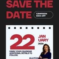 Red campaign kickoff flyer with “Save the Date” and January 22, 2026, plus a woman’s portrait.