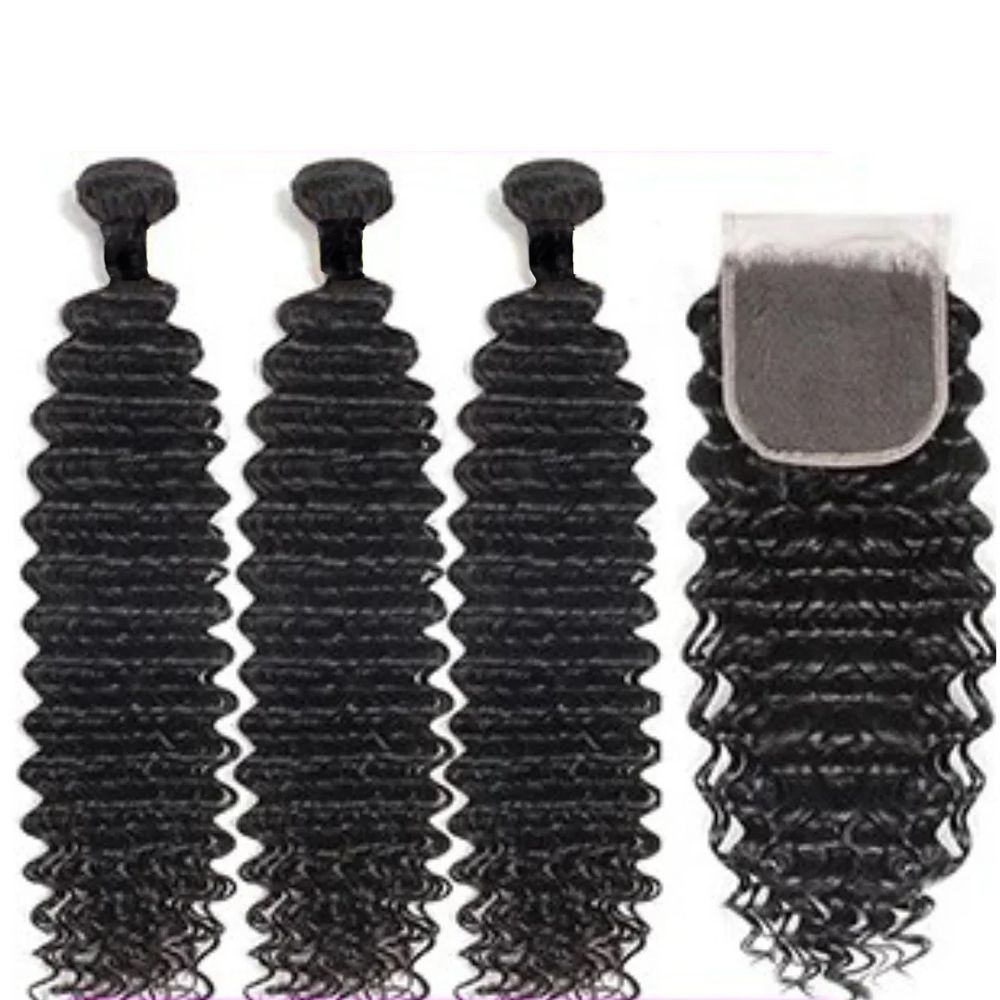 Three bundles of curly hair with a lace closure.