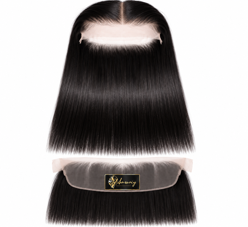 Straight black hair extensions with lace tops, shown front and back on a white background