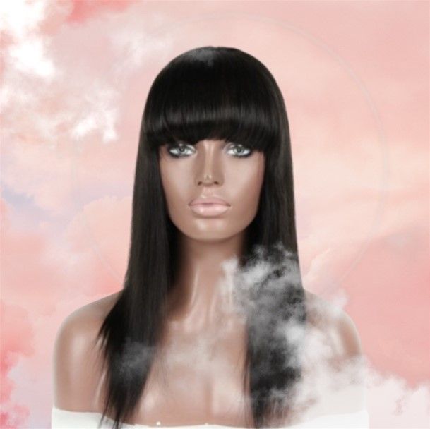 A mannequin wearing a long black wig with bangs
