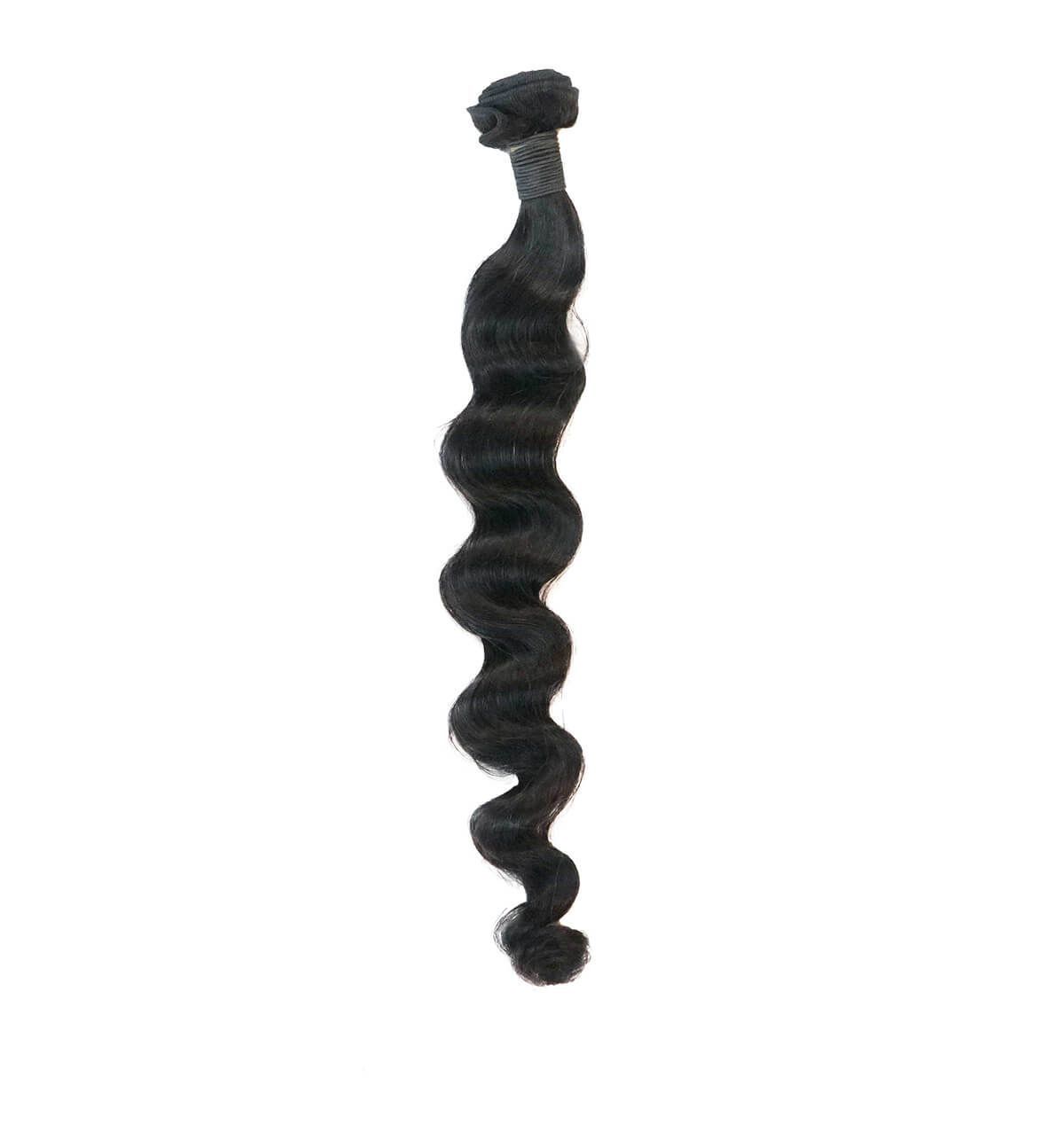 A bundle of black curly hair on a white background.