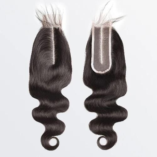 A pair of hair extensions with a lace closure on a white background.