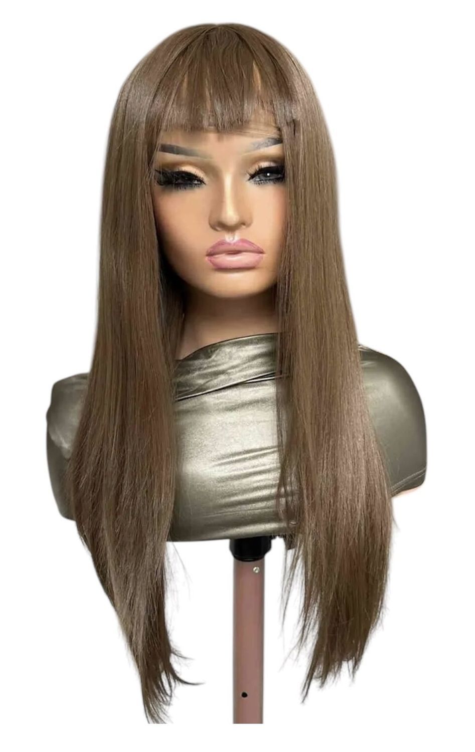 A wig with bangs is on a mannequin head.