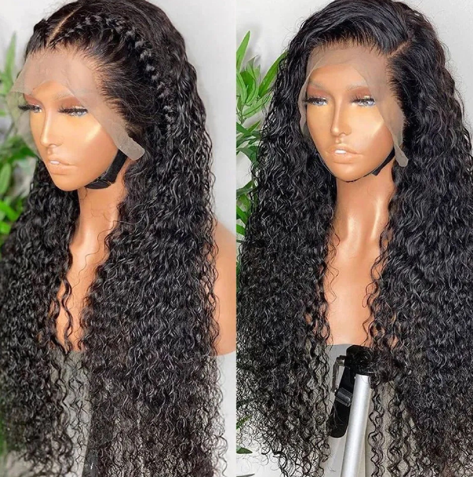 A woman is wearing a lace front wig on a mannequin.