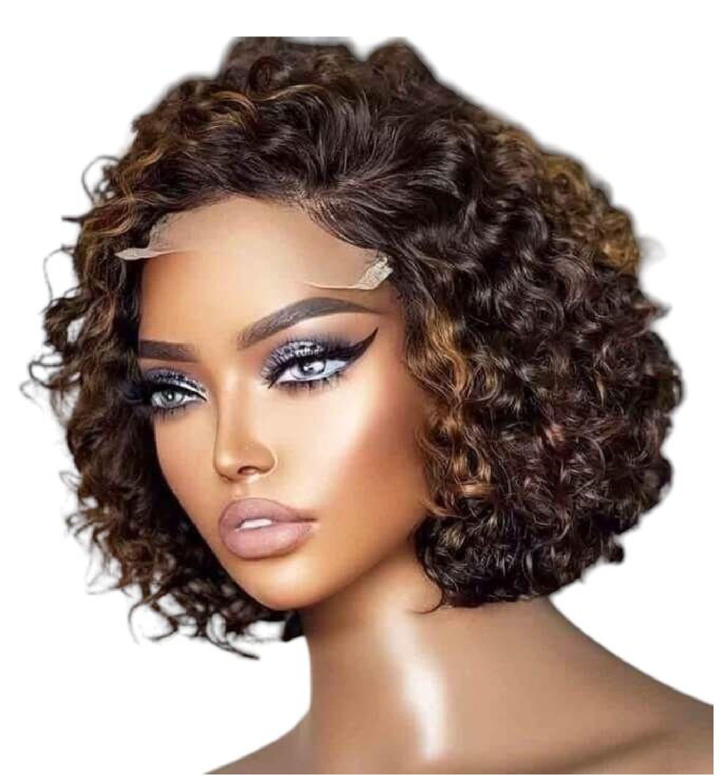 A close up of a woman wearing a curly wig.