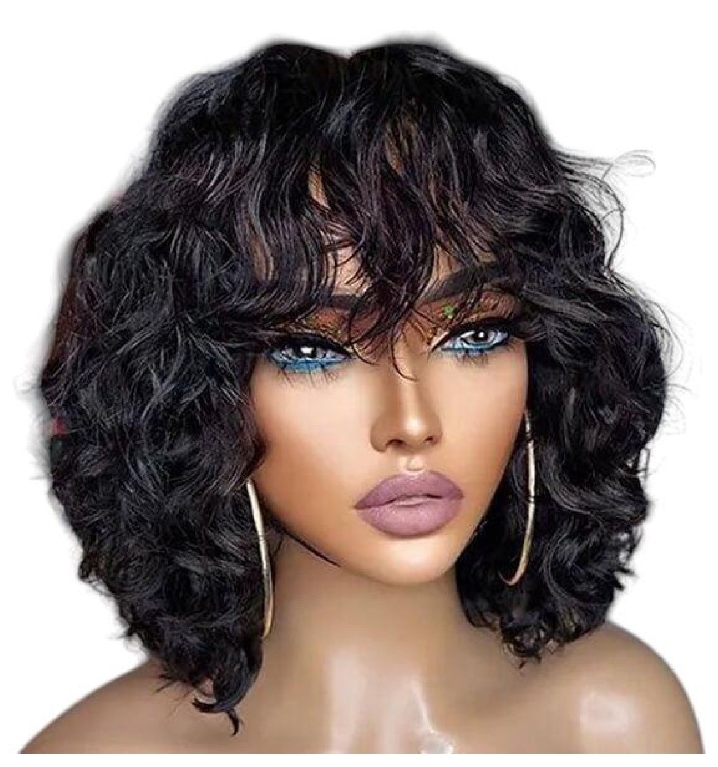 A woman wearing a curly wig with bangs and earrings.