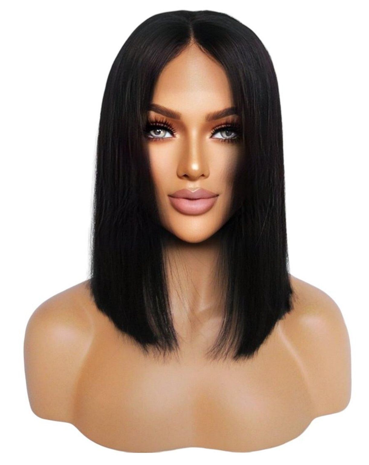 A mannequin wearing a black wig on a white background