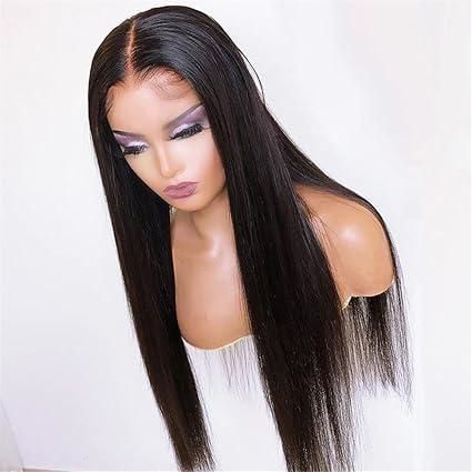 A woman is wearing a lace front wig on a mannequin.