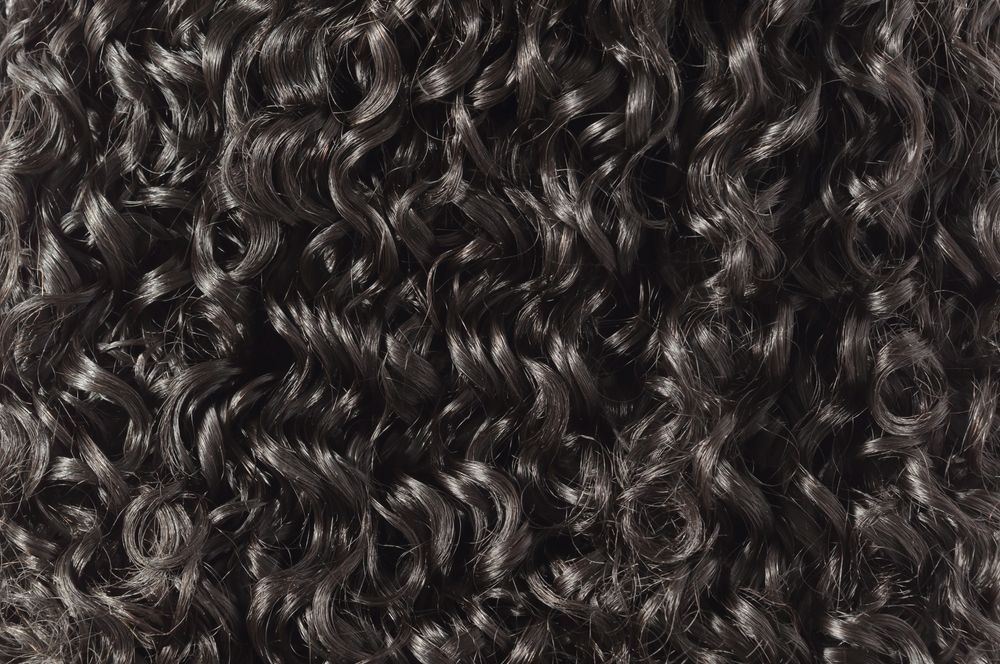 A close up of a piece of black curly hair.