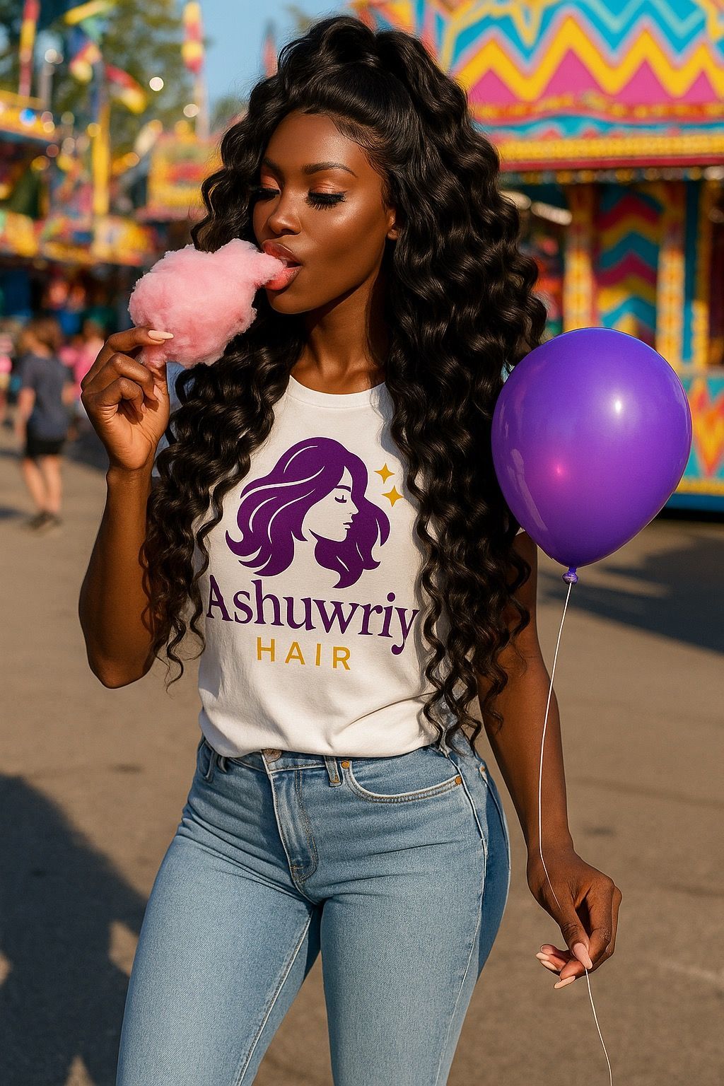 Woman eating cotton candy at a fair, wearing a branded t-shirt and holding a purple balloon.
