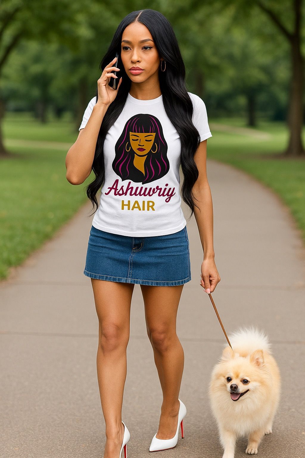 Woman walking dog in park, wearing white shirt, denim skirt, and heels while talking on the phone.