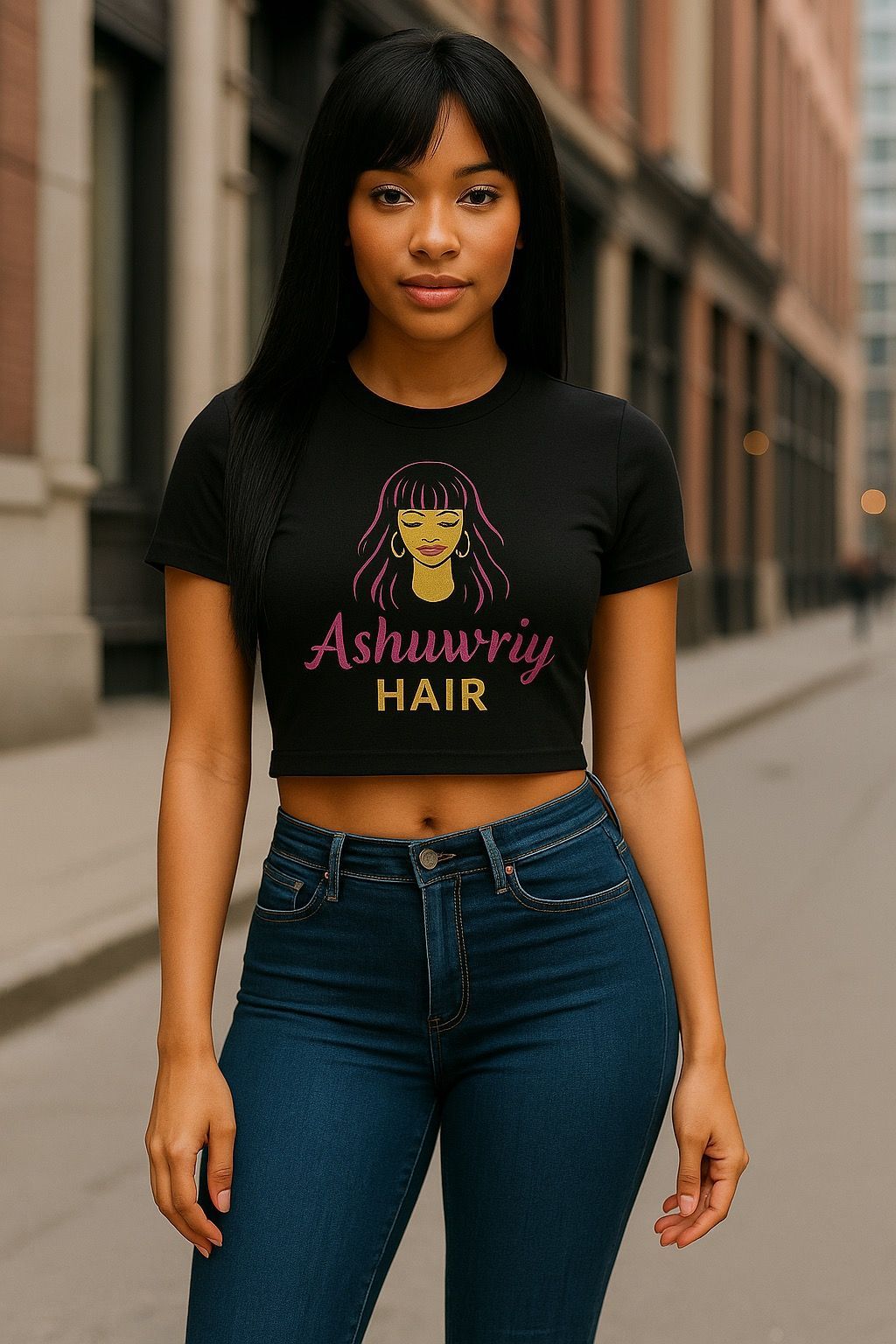 Woman in black crop top and jeans, standing on a city street, shirt says