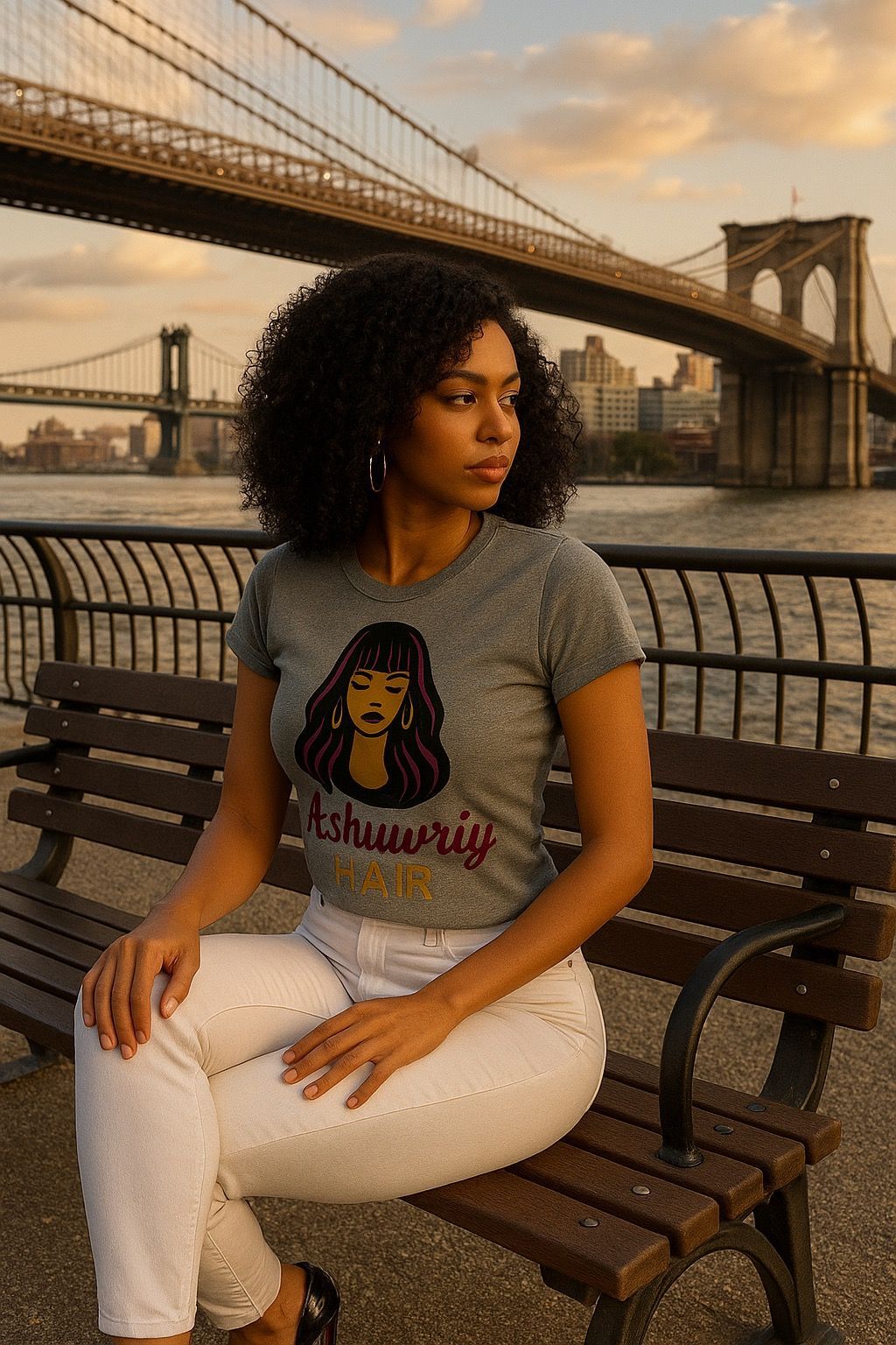 Woman in gray t-shirt and white jeans sits on a bench by the Brooklyn Bridge at sunset.