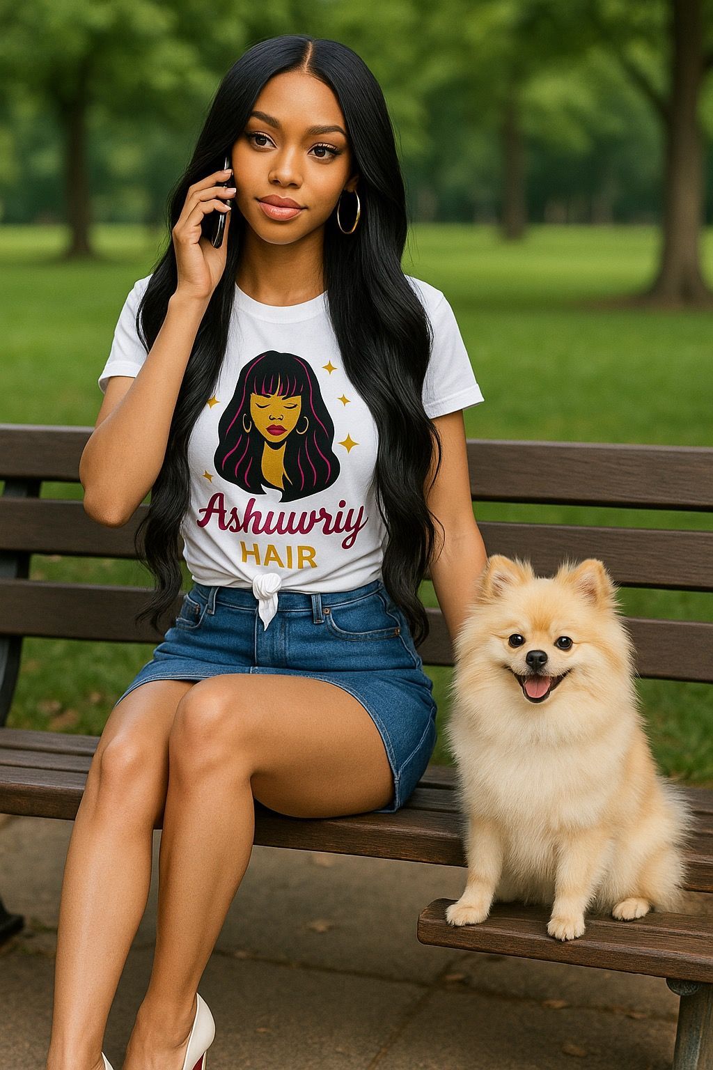 Woman with long black hair in a white shirt sitting on a park bench with a fluffy dog talking on her phone.
