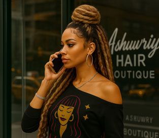 Woman with dreadlocks, talking on phone in front of a hair boutique. Wearing off-shoulder shirt and jean shorts.