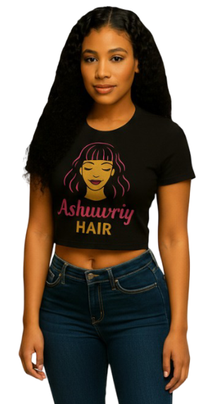 Woman wearing a black crop top with 