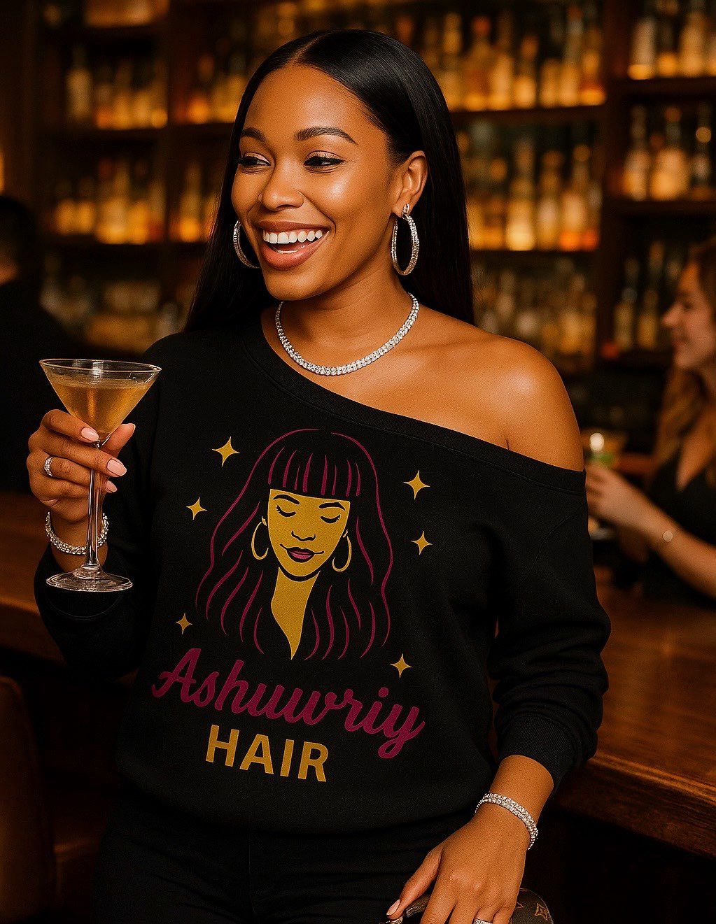 Woman wearing a black off-the-shoulder sweatshirt with a hair graphic and the text
