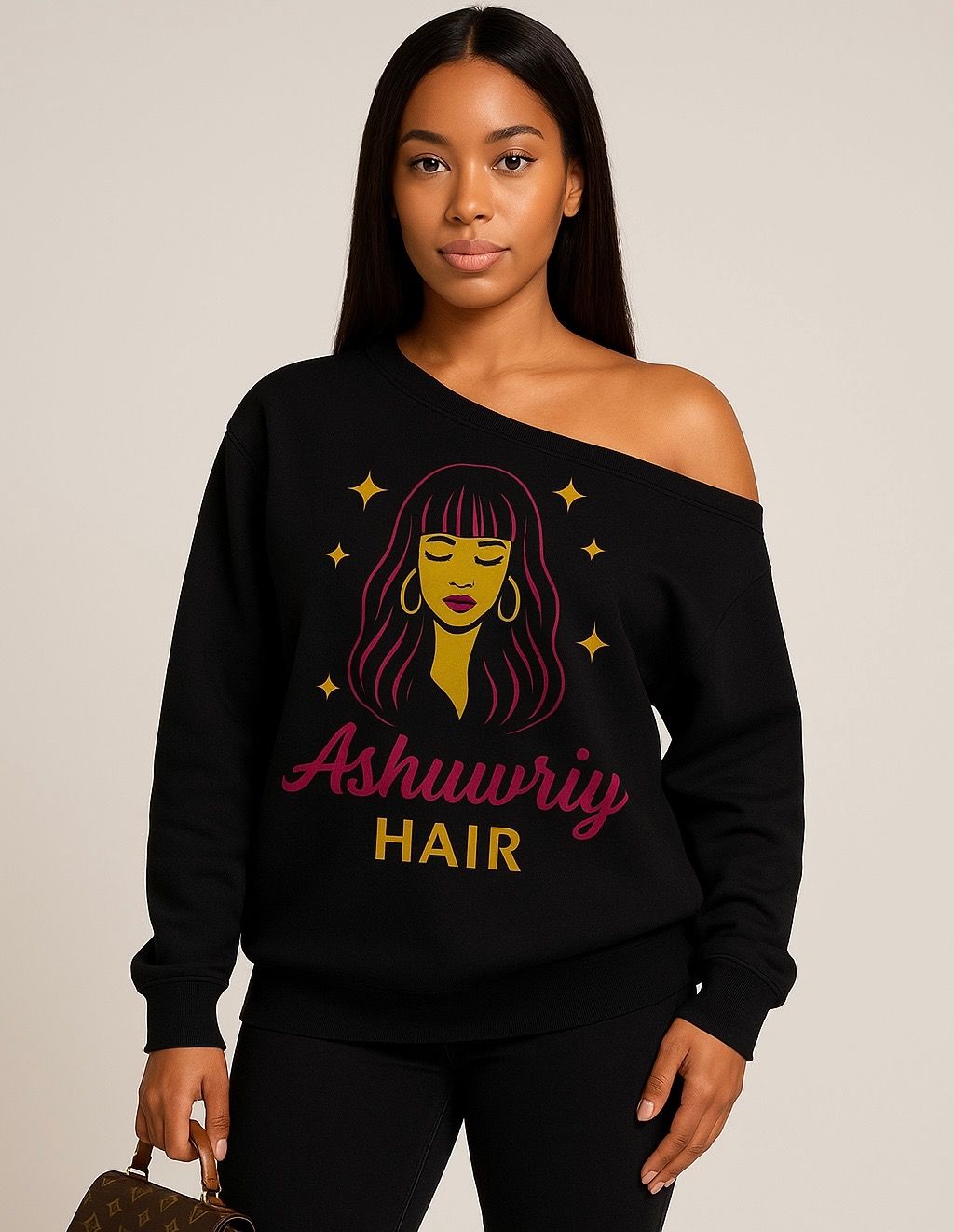Black sweatshirt with graphic of a woman's face and 