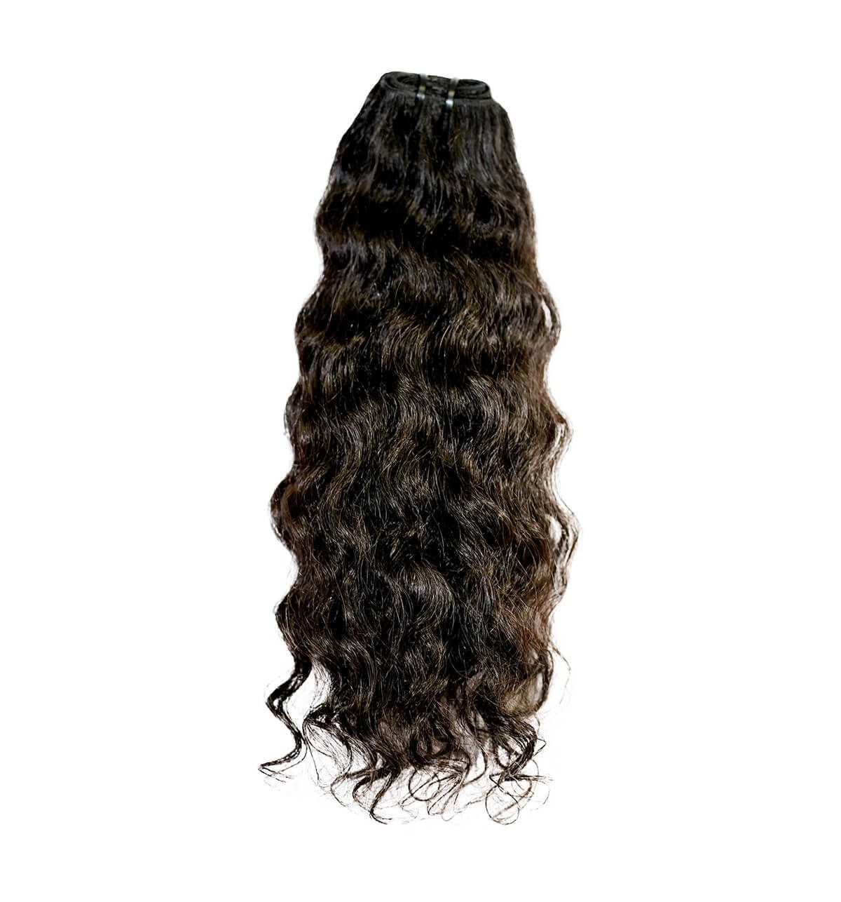 A close up of a piece of curly hair on a white background.
