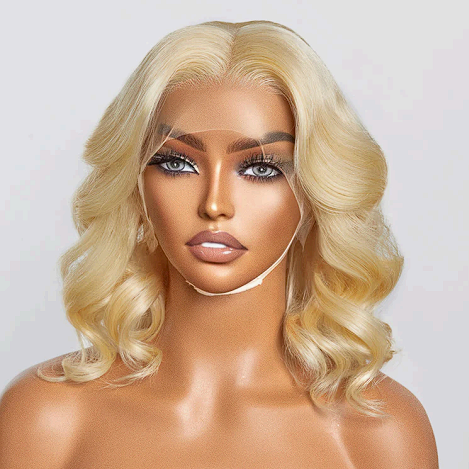 A woman is wearing a blonde lace front wig on a mannequin.