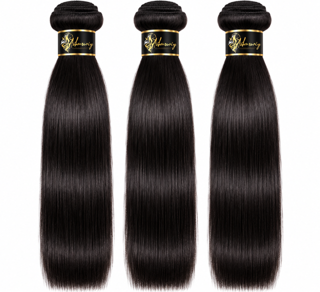 Three long black hair bundles with glossy texture and gold bands on a white background