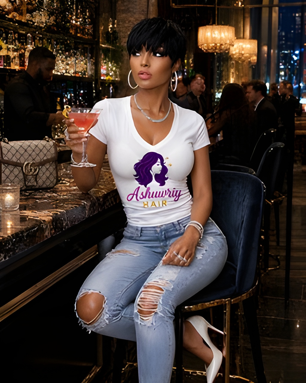 Woman in a white graphic T-shirt and ripped jeans sitting at a bar with a cocktail, warm lights behind her